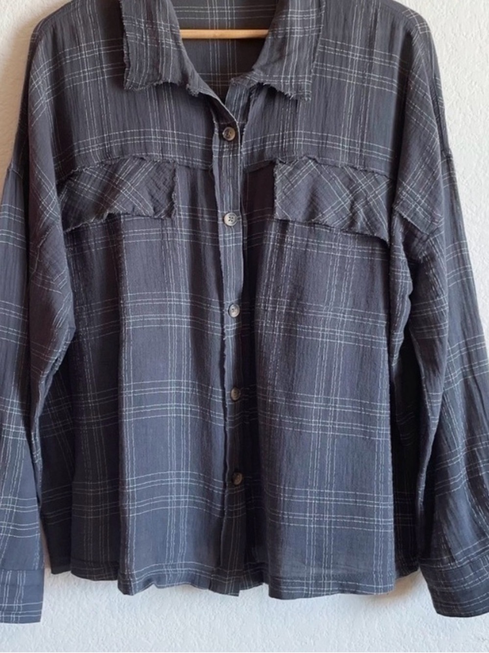 Liz Gauze Cotton Blend Supplies by Union Bay Galaxy Gray Mini White Plaid Shirt - Picture 4 of 8